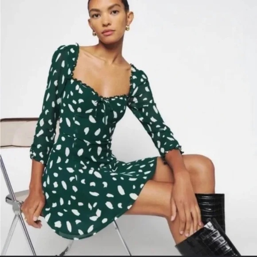 Reformation Remi Green and‎ Cream Splatter Print Cottagecore Mini Dress sz 0